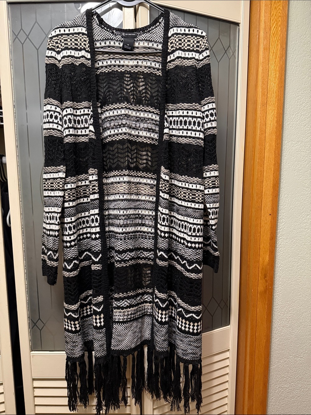 new directions Black and White Long Sleeve Fringe Knit Cardigan